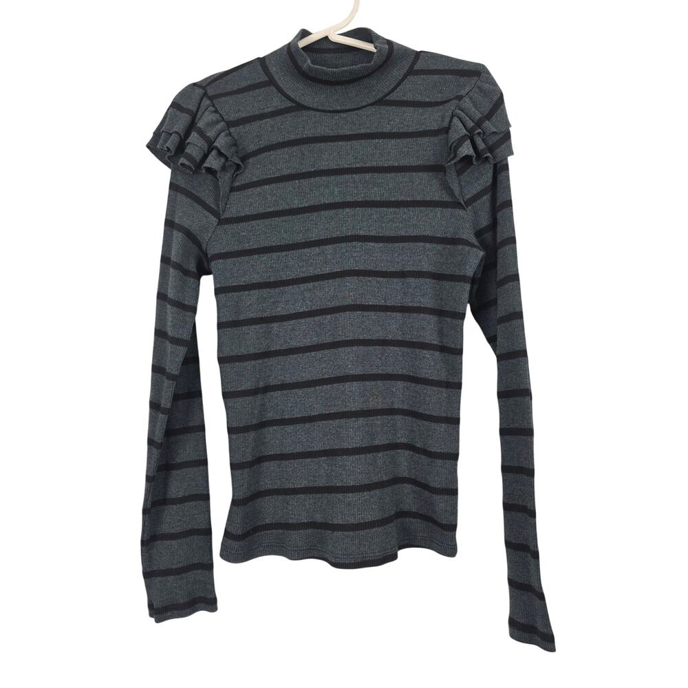 T.La Anthropologie Cottage Core Long Sleeve Top L Womens Gray Black Striped Mock